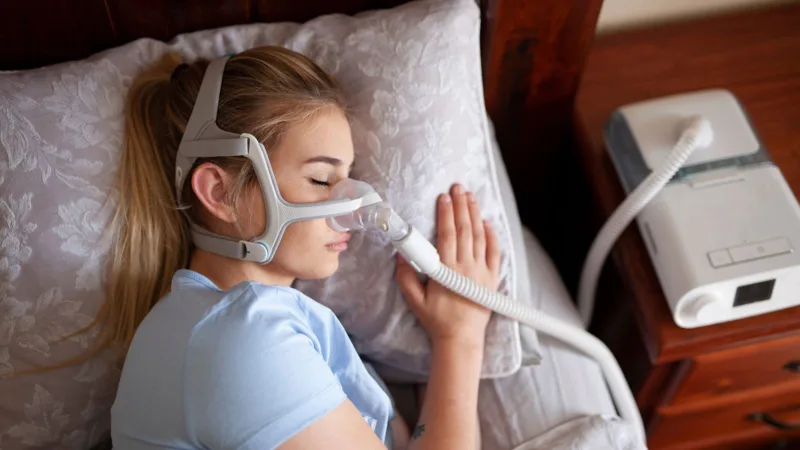 A woman asleep on her side wearing a CPAP mask connected to a bedside machine